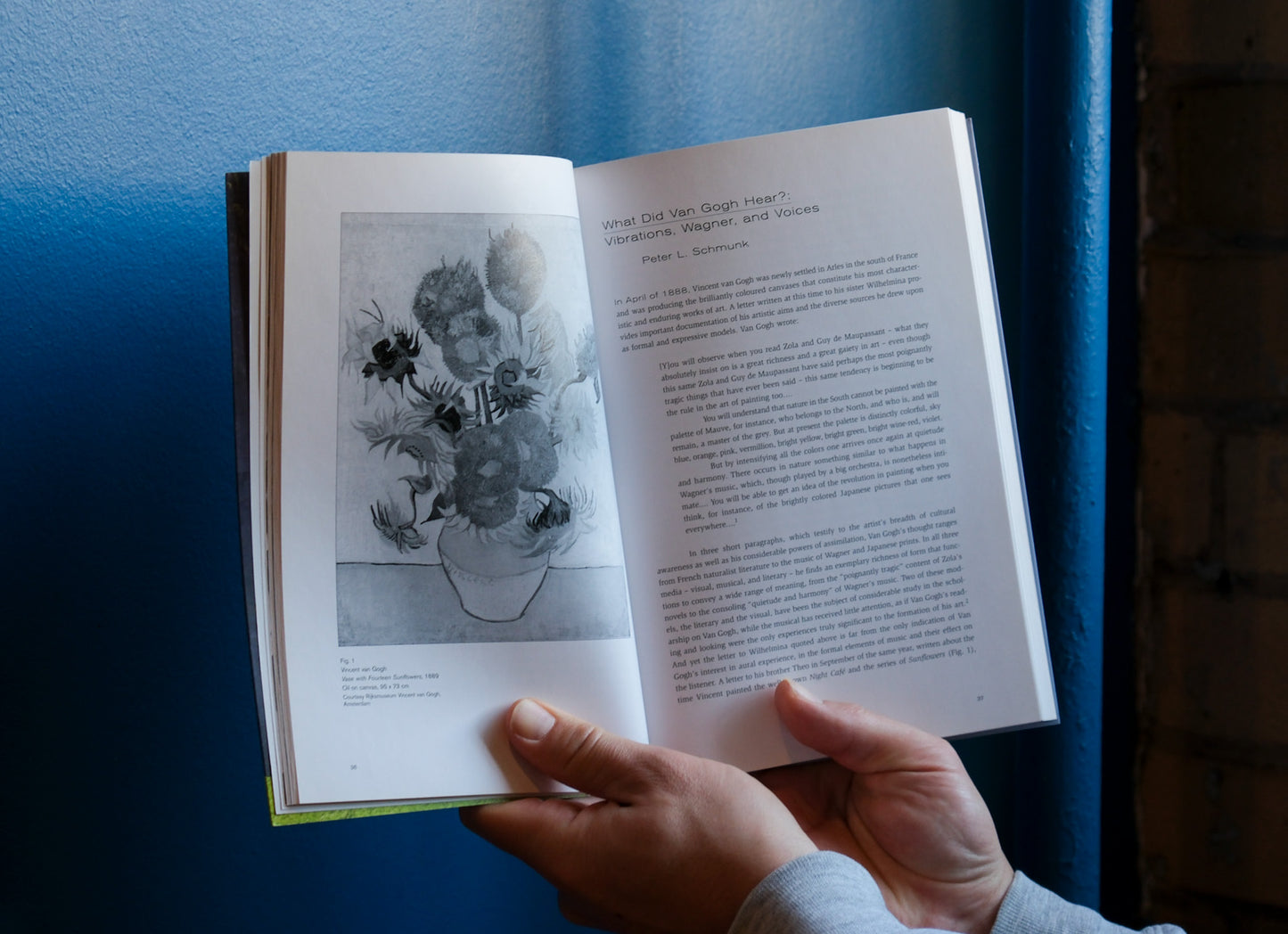 Person holding an open book with a black and white illustration on a blue background