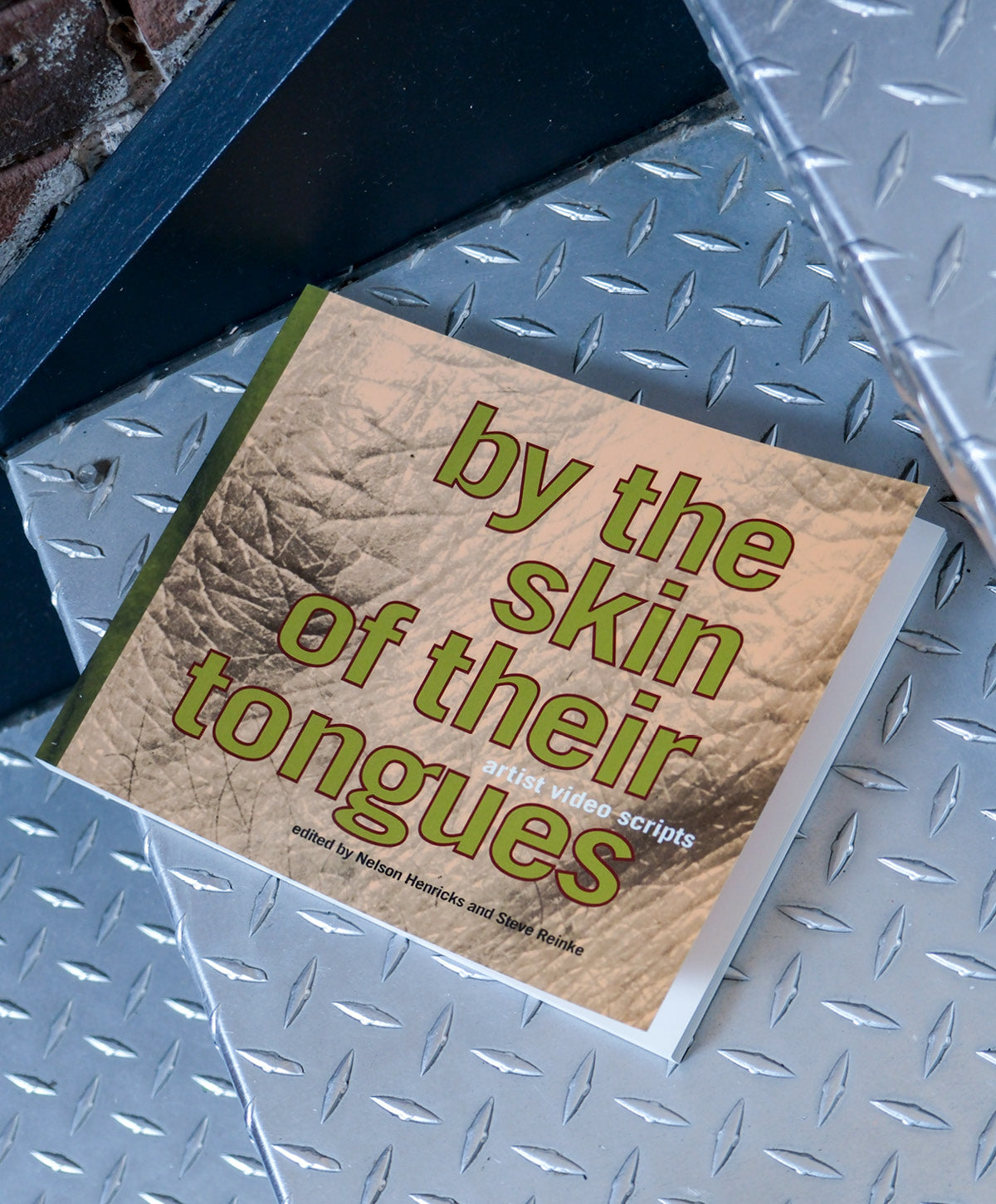 Book titled 'by the skin of their tongues' on a textured surface
