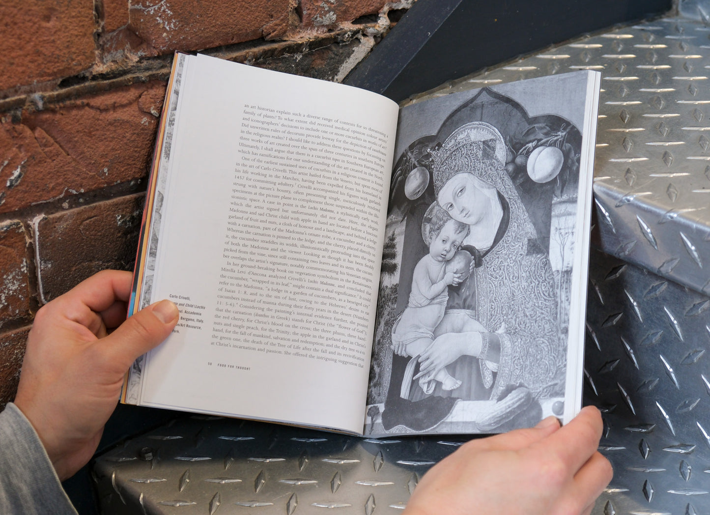 Person holding an open book with a black and white illustration on a metal surface.