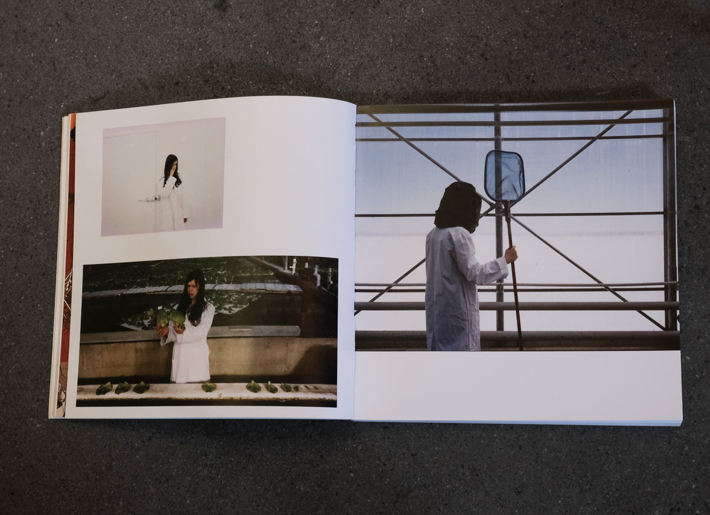 Open book showing a series of photographs of a person in different settings.