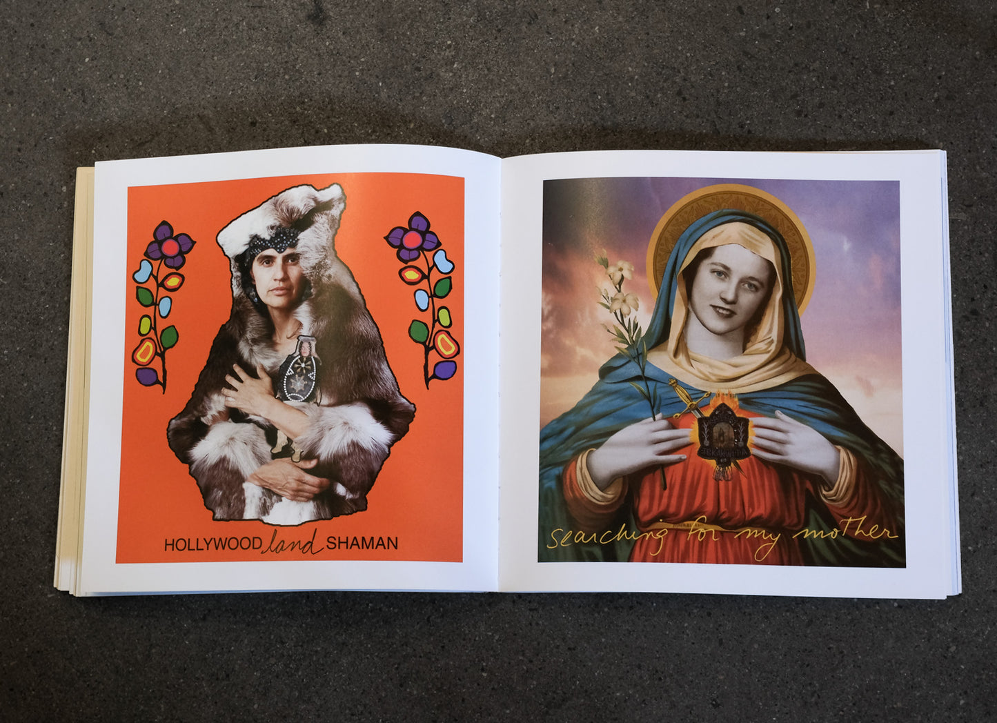 Open book with two collage illustrations on a dark surface