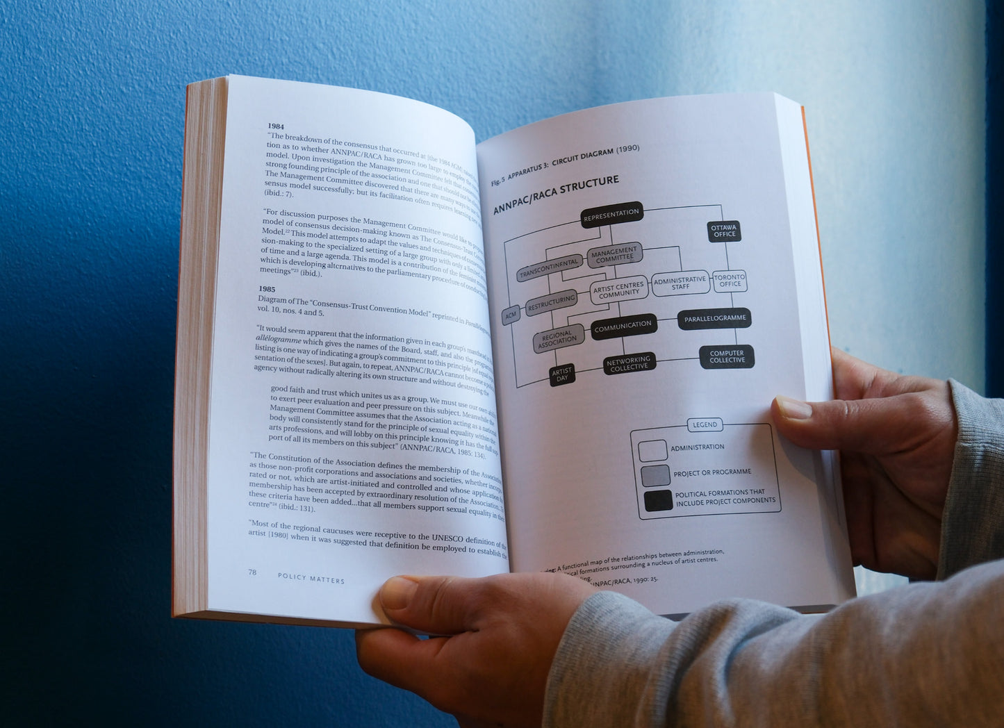 Open book with text and diagrams held by a person against a blue wall.