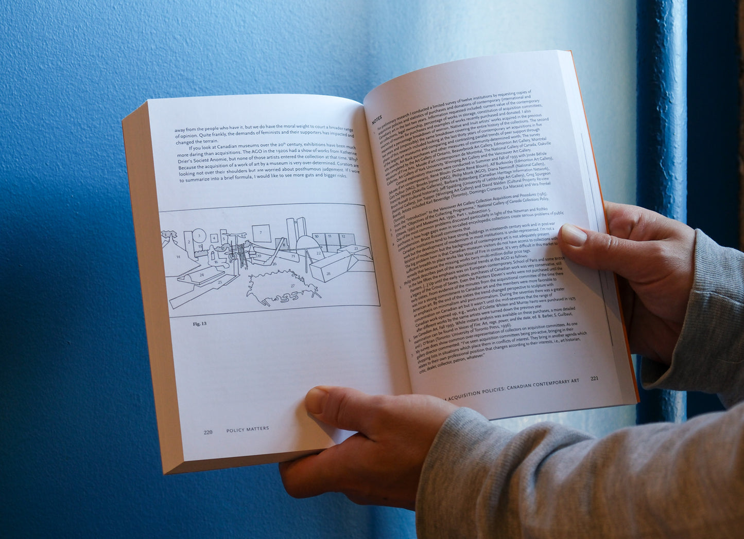 Person holding an open book with text and illustrations against a blue wall.
