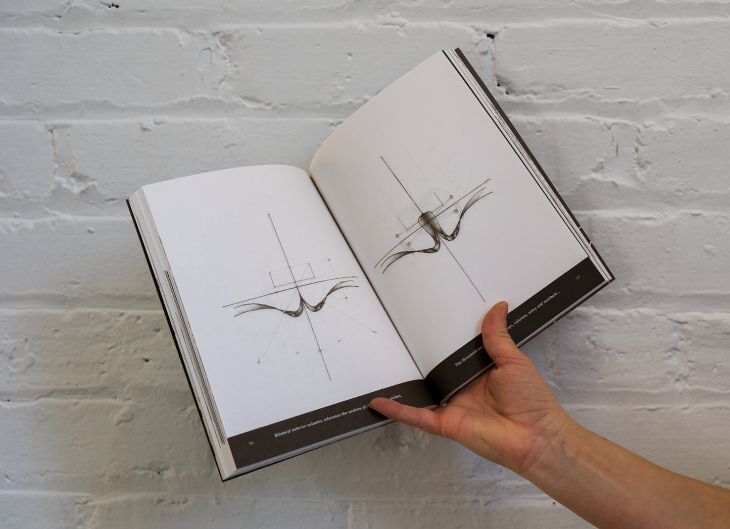Open book with diagrams of birds held by a hand against a white brick wall.