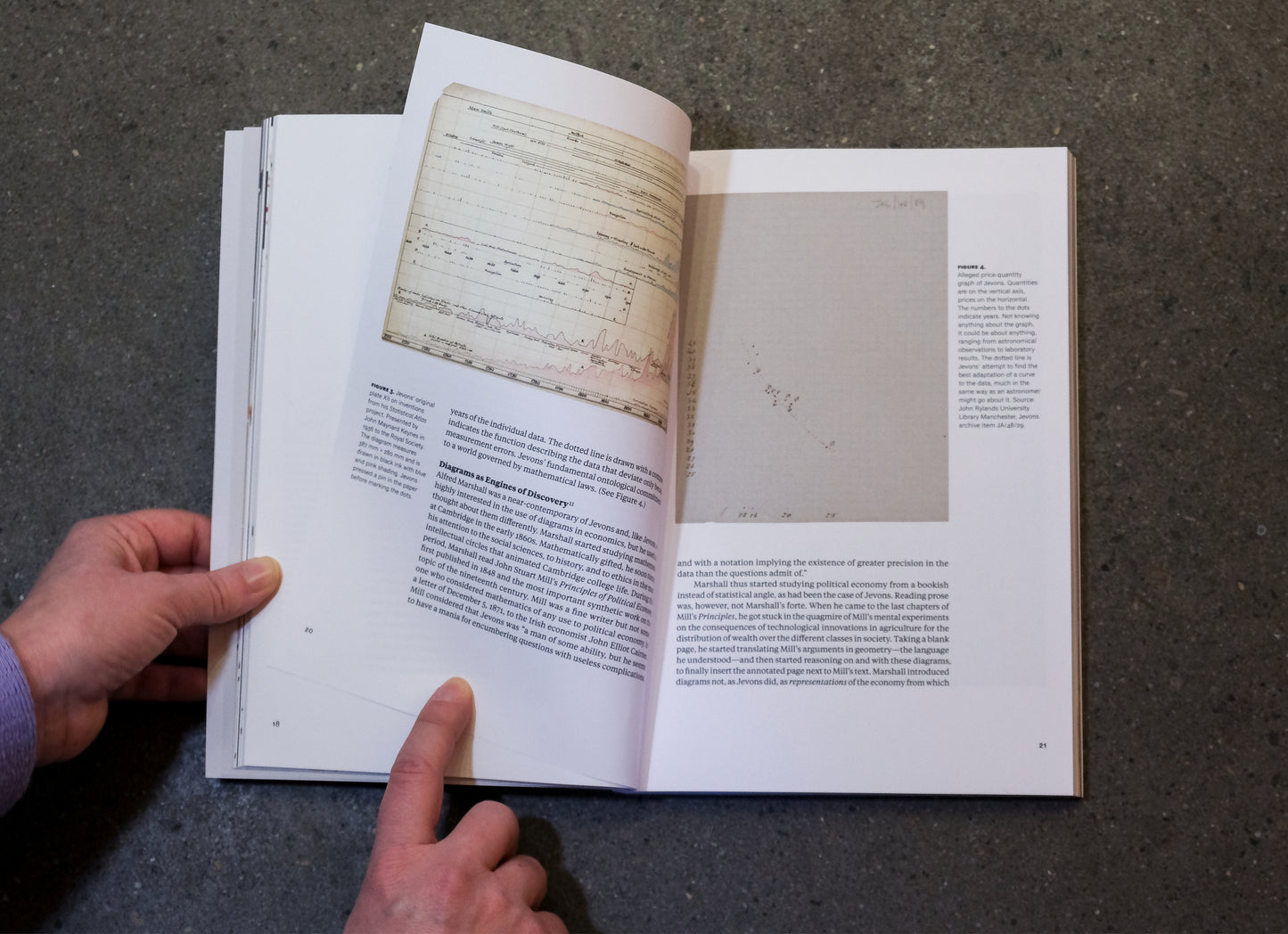 book held open on a concrete surface