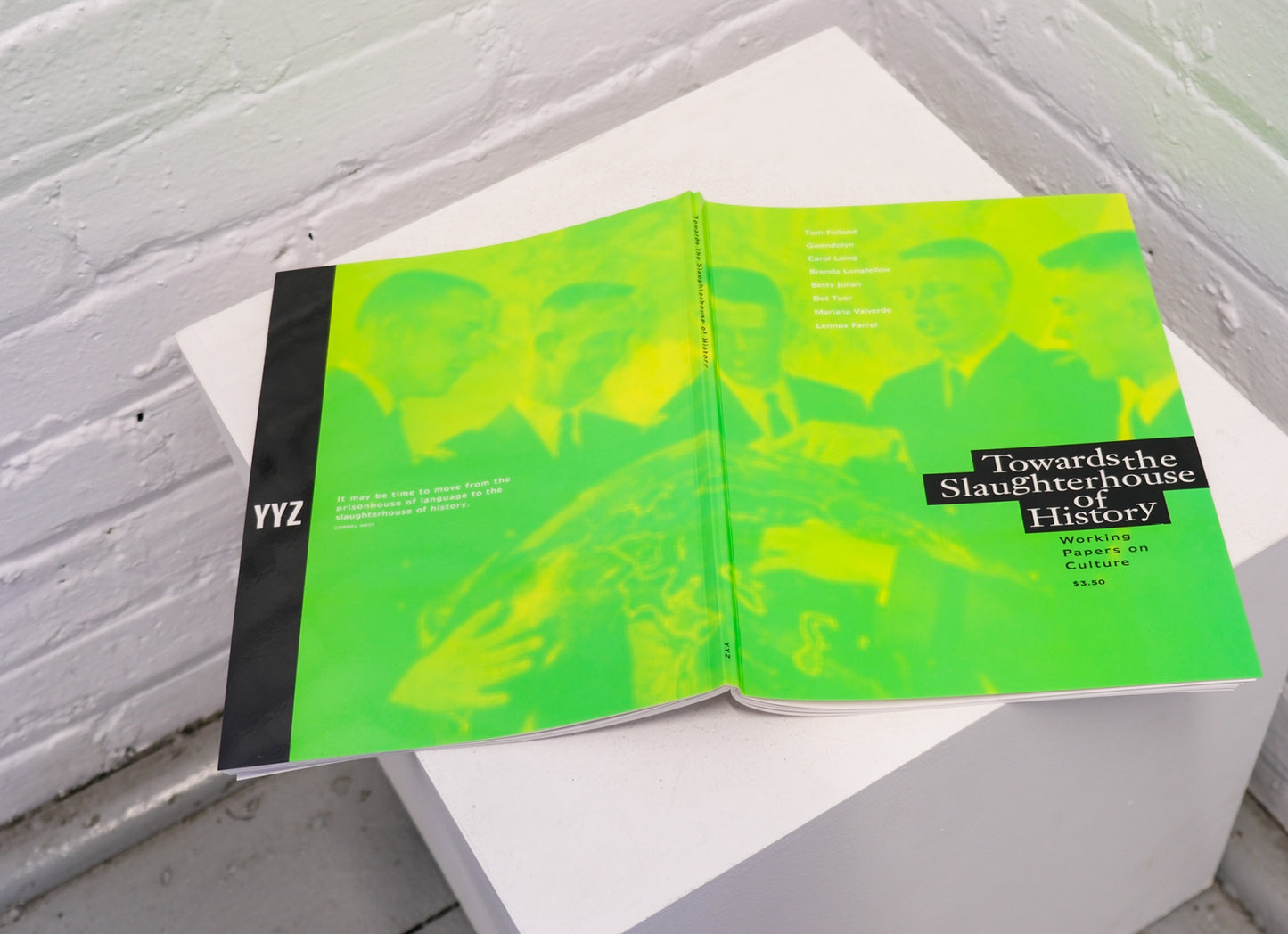 Open back cover with green and black pages on a white surface against a gray brick wall.