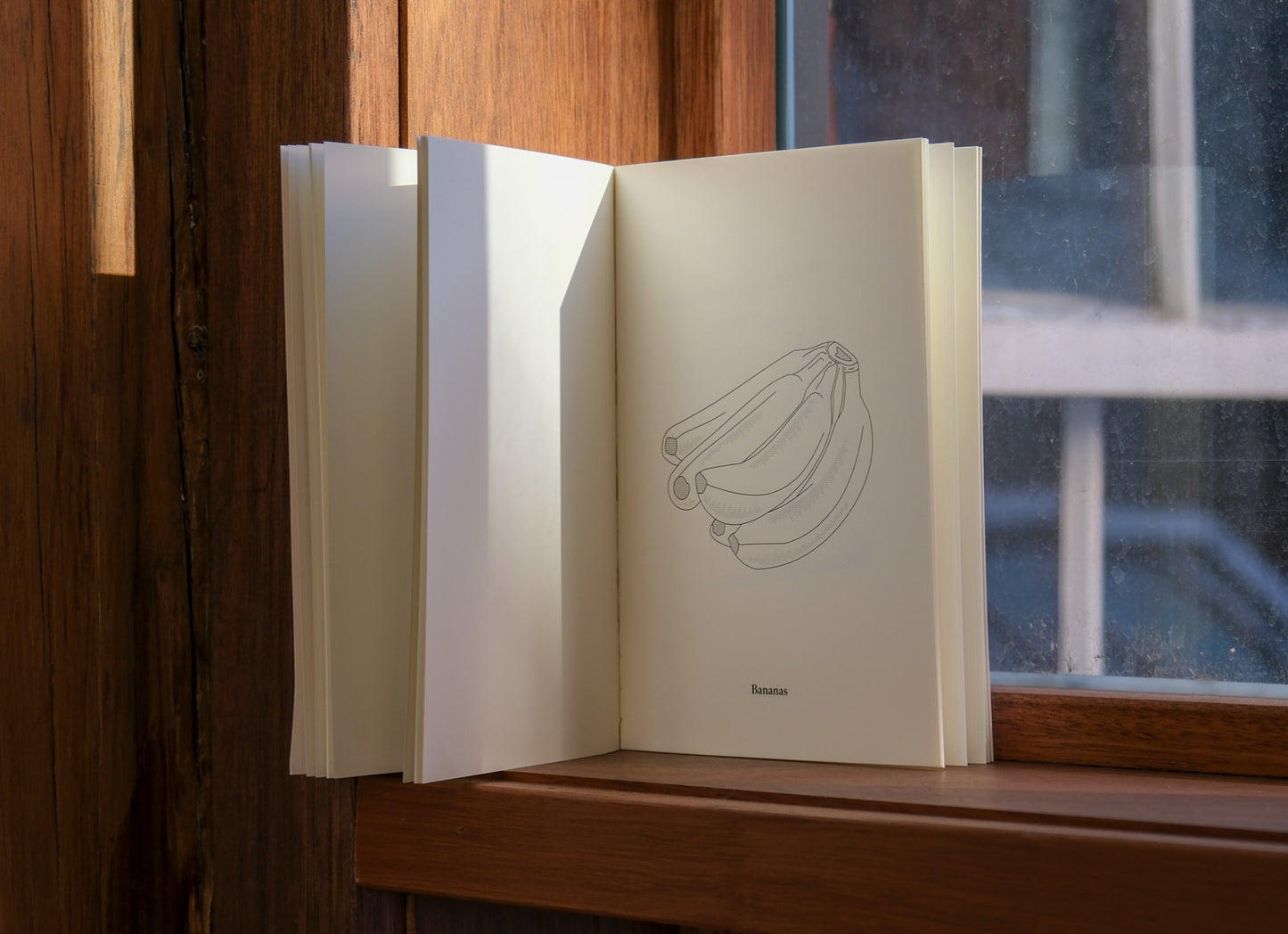 Open book with a banana illustration on a wooden surface near a window.