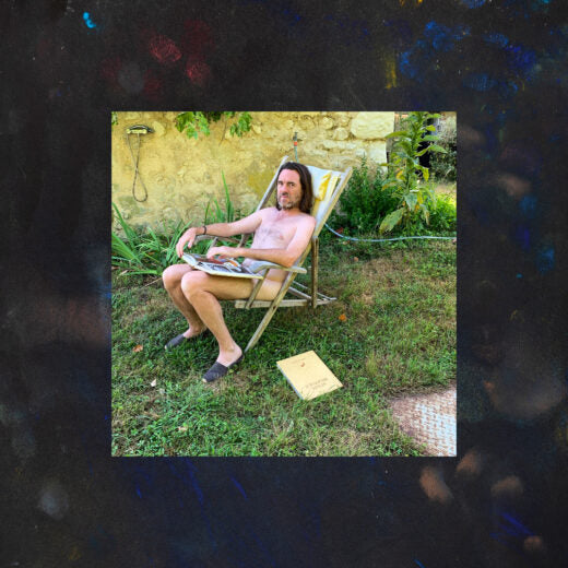 Image of a guy sitting in a lawn chair, framed by a dark texture